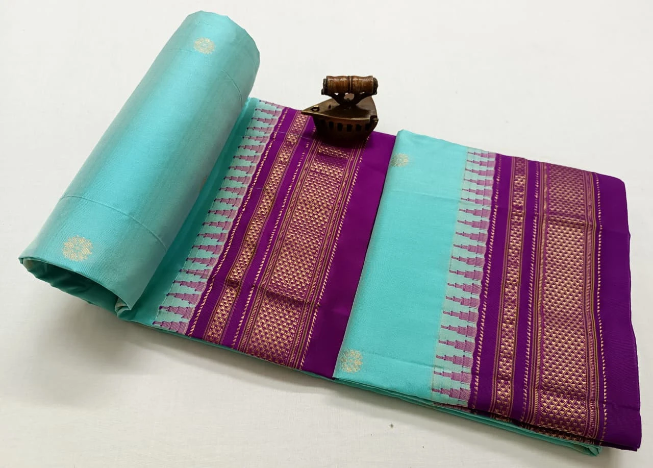 Sky Blue Ilkaal Butta pure silk saree with zari border and traditional woven patterns