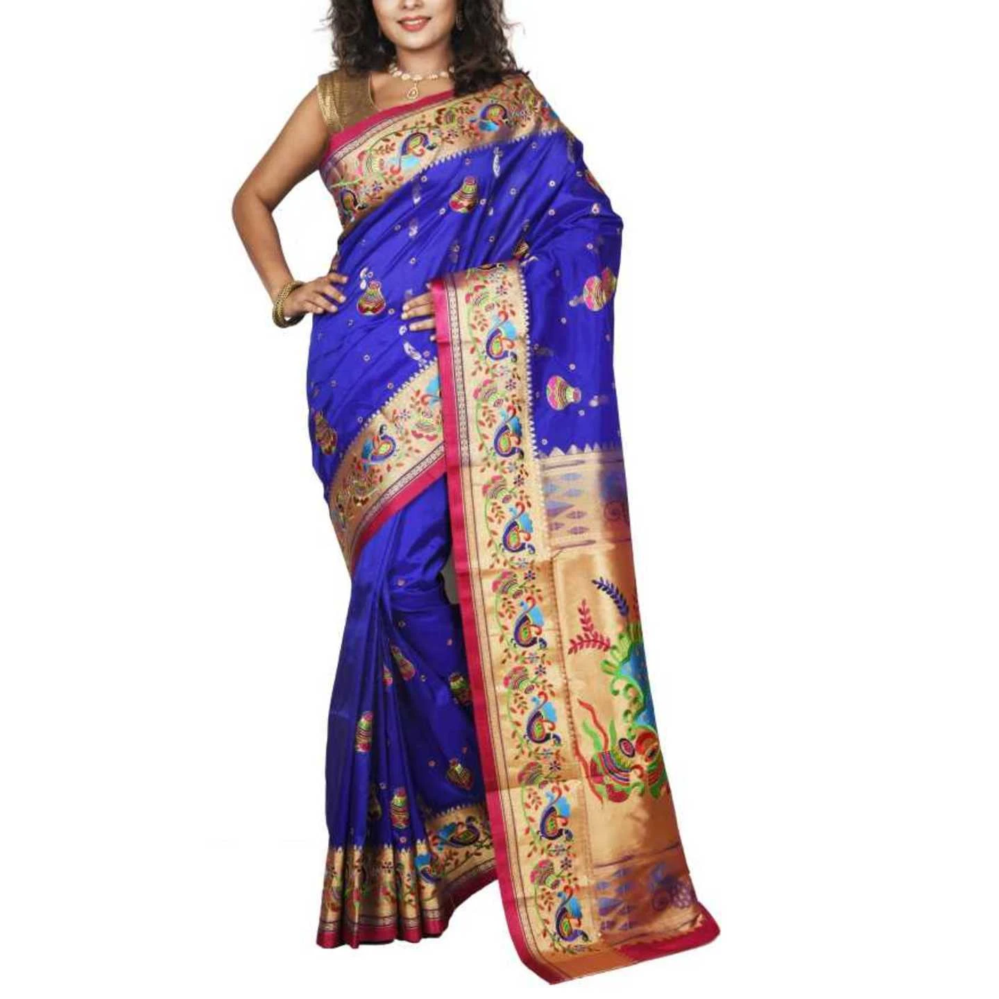 Blue and Rani Pink Allover Embroidery Fancy Paithani Art Silk Saree