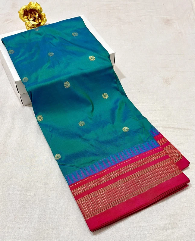 Peacock Blue pure Ilkaal Butta saree with Pink zari contrast border and traditional gold motifs