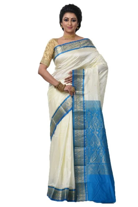 Kanchipuram Pure Silk Saree in White with Anandha Blue Contrast for Durga Pooja
