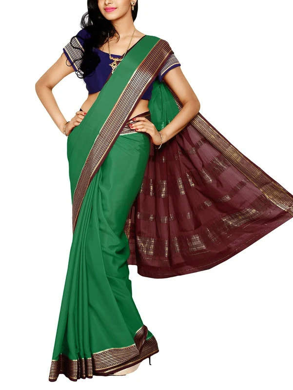Teal Green with Brown Contrast MultiLine Border Premium Quality Pure Mysore Silk Saree