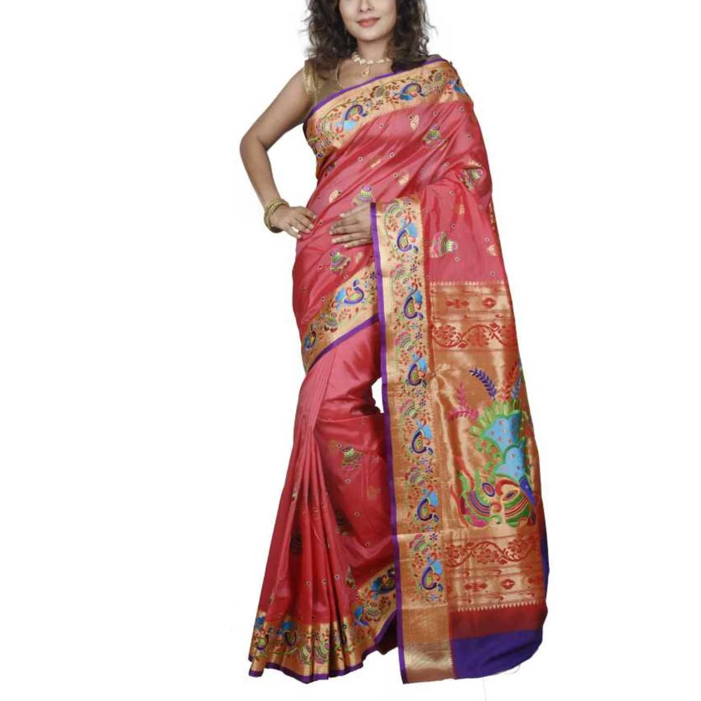 Peach Pink and Voilet Fancy Embroidery Border Paithani Art Silk Saree