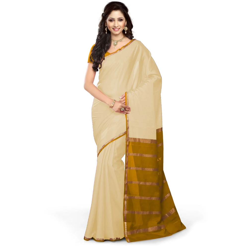 Tussar Cream with Yellow Contrast Onam Special Pure Mysore Silk Handwoven saree