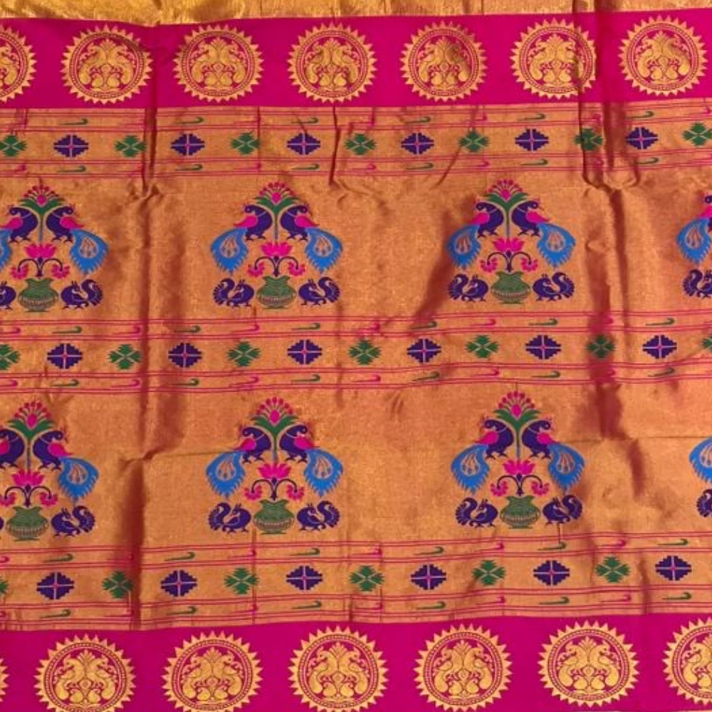 Steel Grey Pure Silk Paithani Saree with Peacock Embroidery Blouse & Hot Pink Zari Border