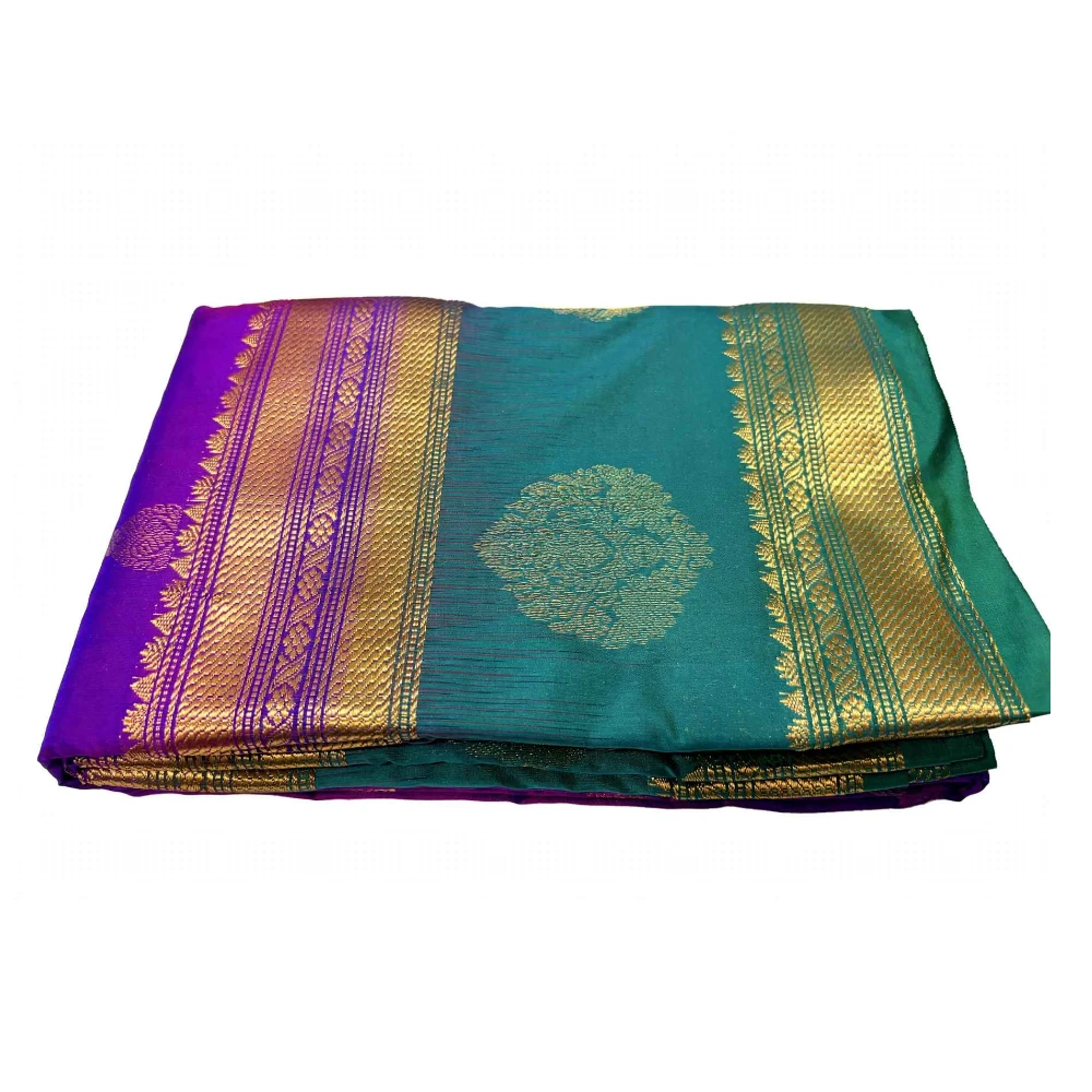 Exclusive Kanchipuram Pure Silk Saree with Pure Silk Blouse - Teal & Purple
