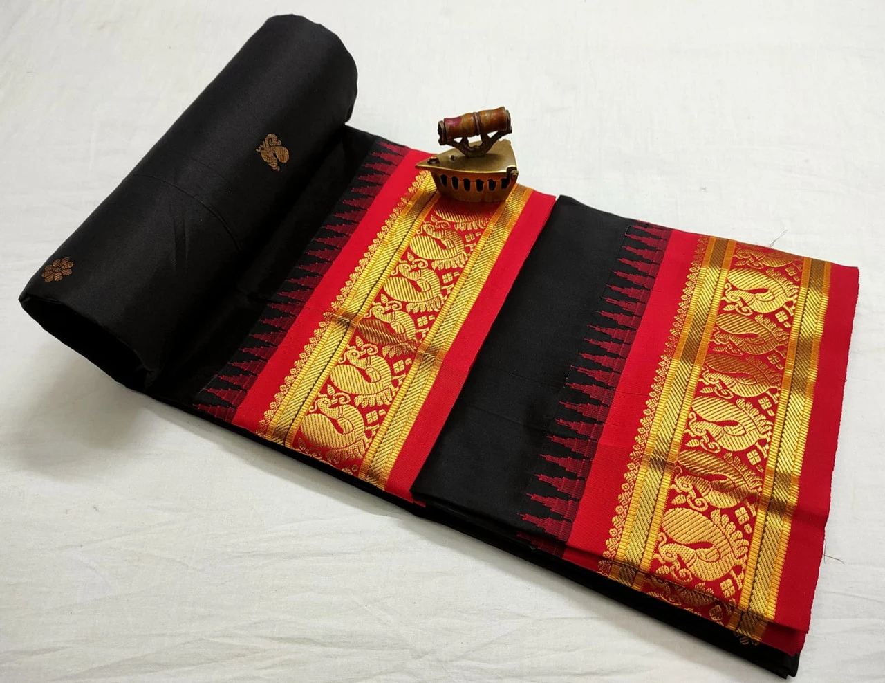 Black with Red Contrast Gadwal traditional silk saree with zari border for festive and wedding occasions