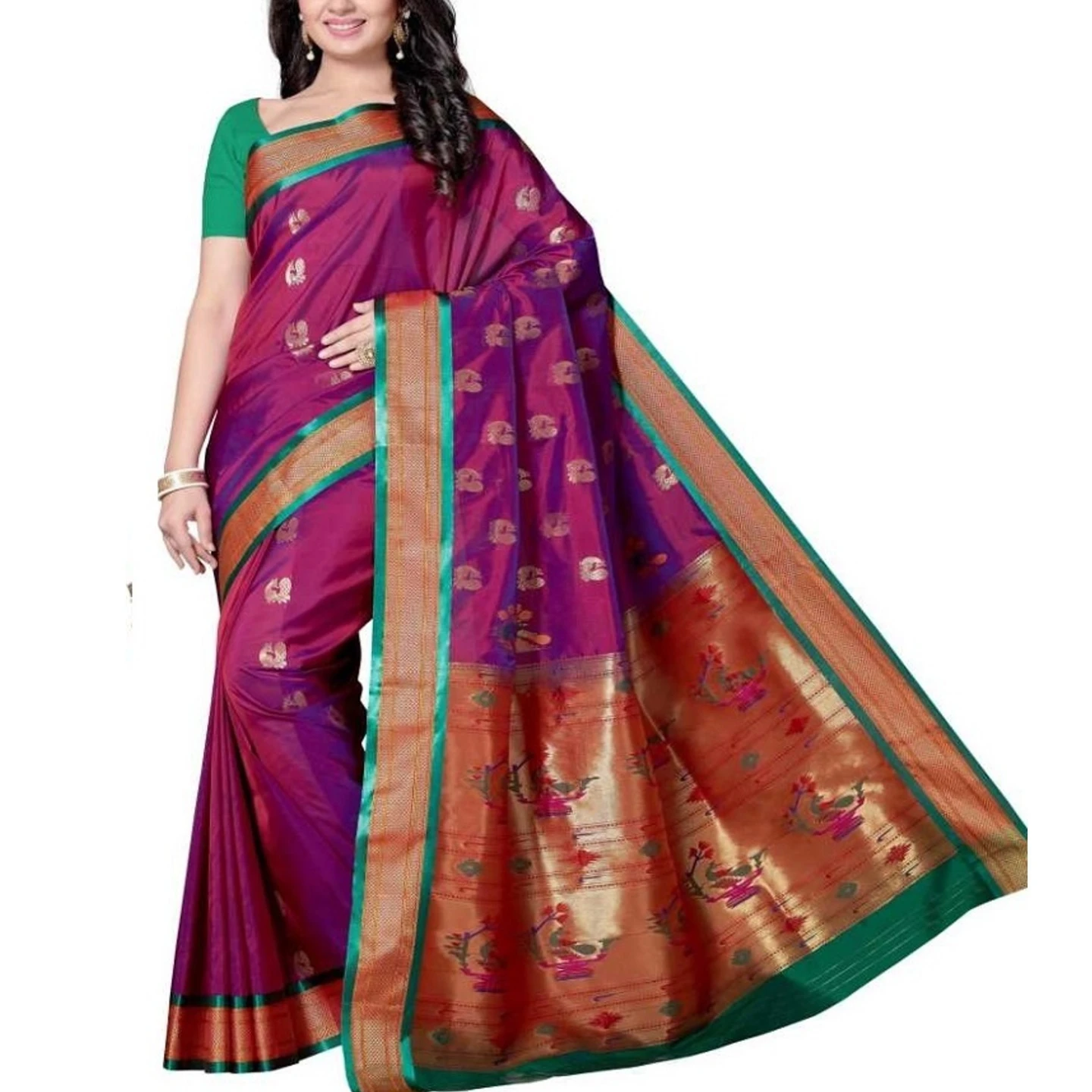 Magenta and Green Border Kadiyal Variety Woven Paithani Art Silk Saree