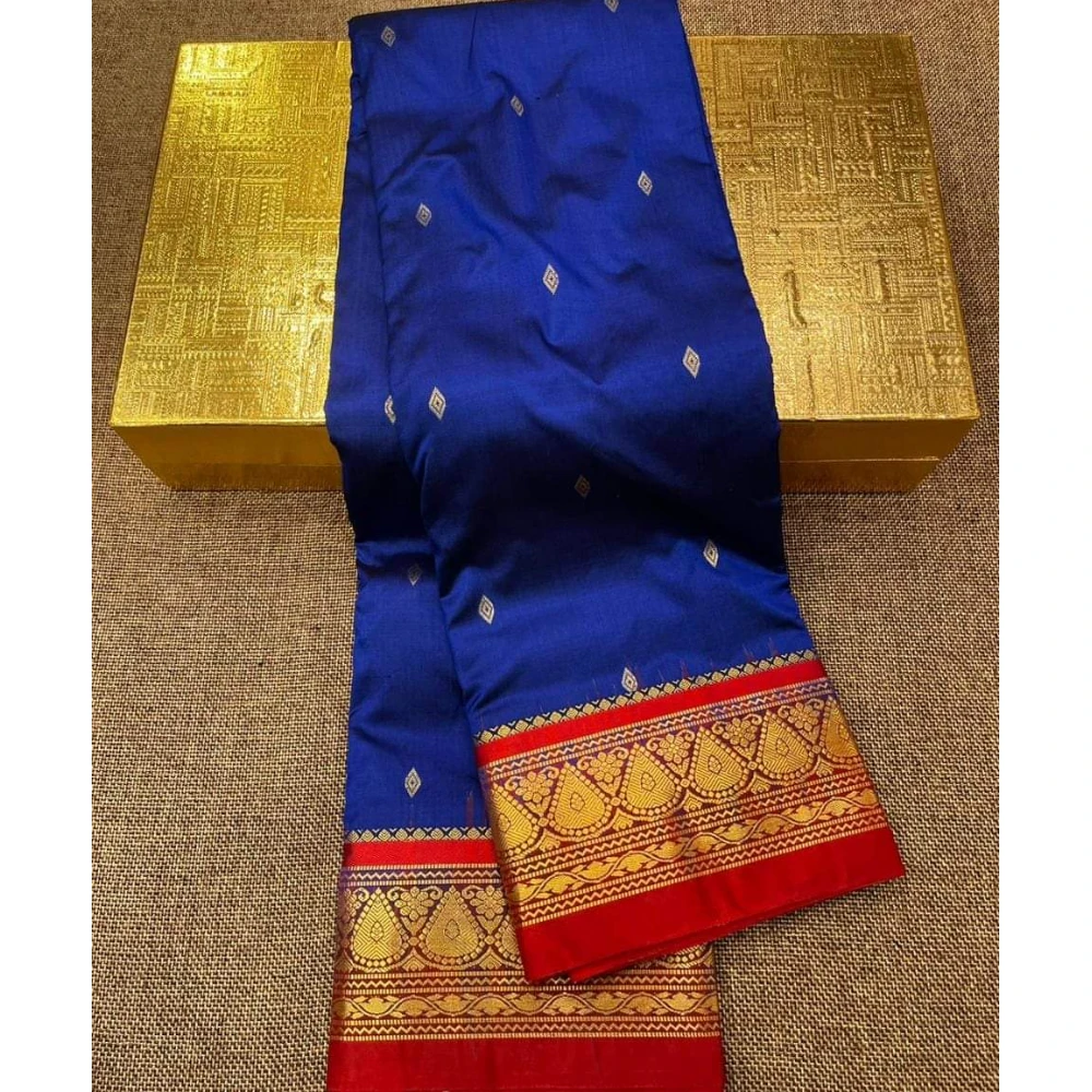 Kanchipuram Pure Silk Saree Royal Blue with Red Border
