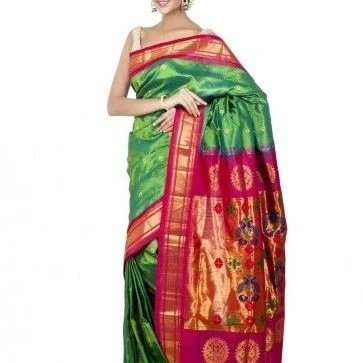 Paithani Pure Silk  in Olive Green with Rani Contrast Border Meena Butta Saree with Silk Mark