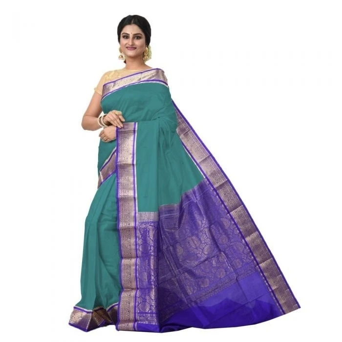 Rama Green and Violet Contrast Traditional Kanchipuram Pure Silk Saree 