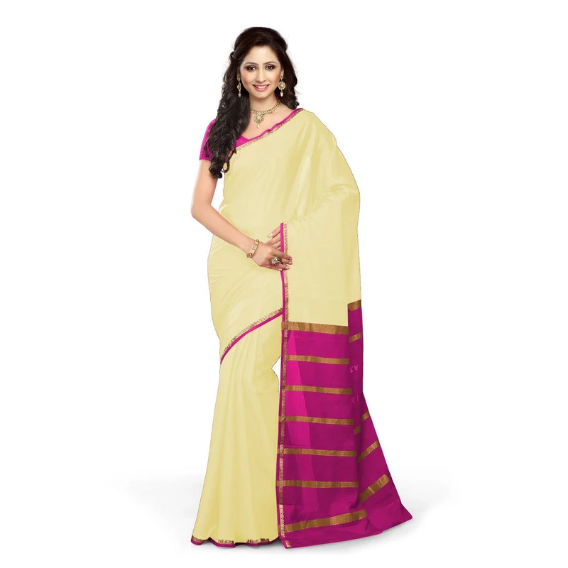 Pure Mysore Silk Saree in  Cream and Pink  Contrast Mango Border