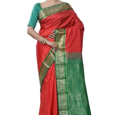 Traditional Kanchipuram Pure Silk Saree in Red with Green Contrast