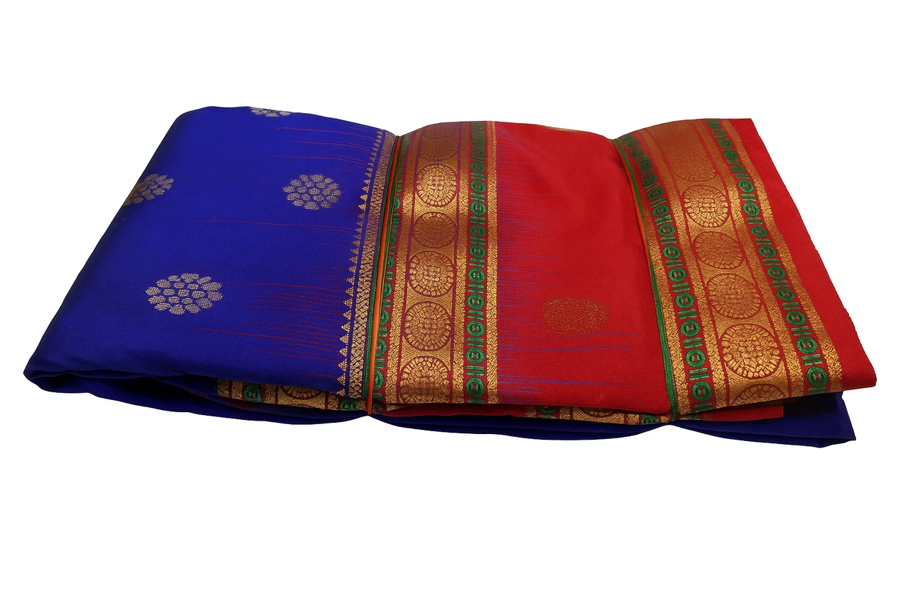 Exclusive Royal Blue Multicolor Contrast Kanchipuram Pure Silk Saree with Bentex Border & Diamond Butta