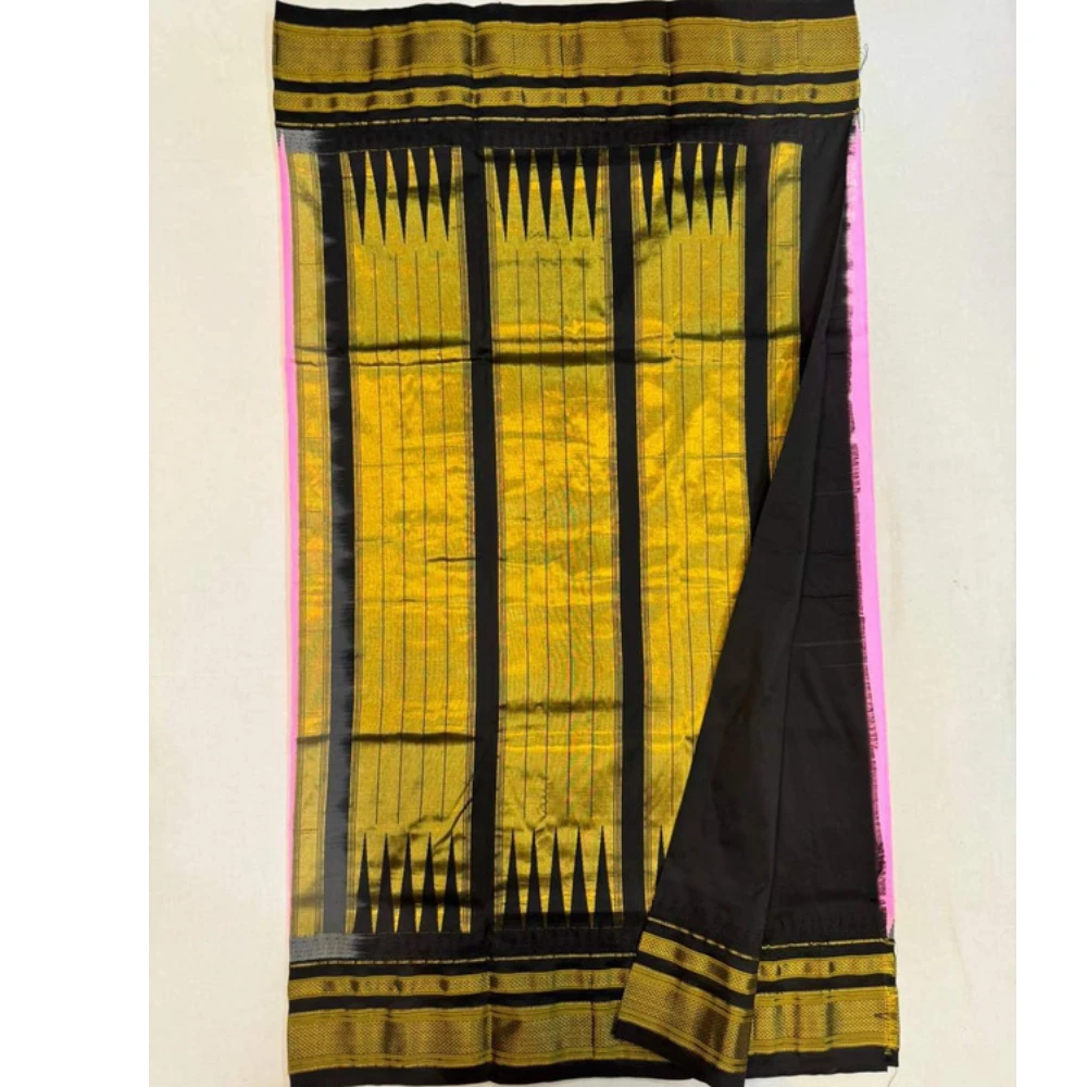 Soft Pink pure Ilkaal Butta saree with Black zari contrast border and traditional gold motifs