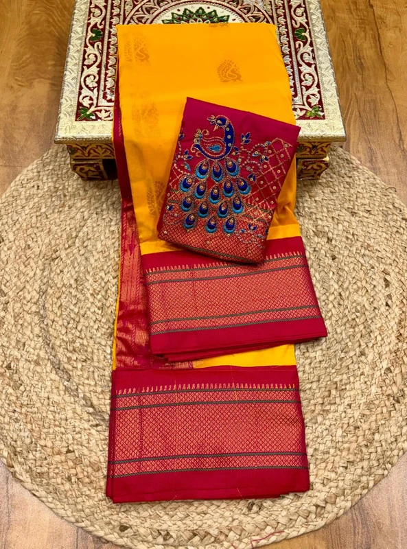 Heritage Golden Yellow and Rani Pink Semi Silk Paithani Saree with Peacock Embroidery Designer Blouse