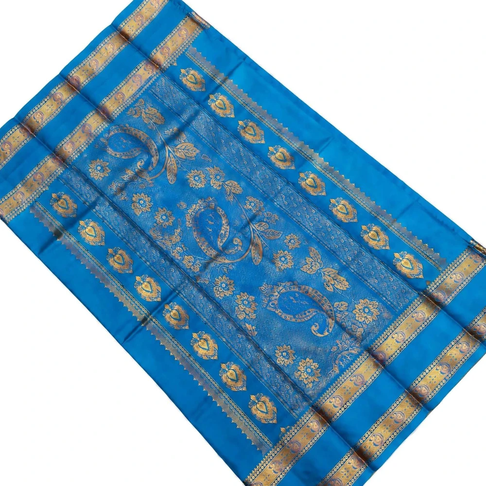 Yellow and Blue Kanchipuram silk saree with Bentex border and golden motifs
