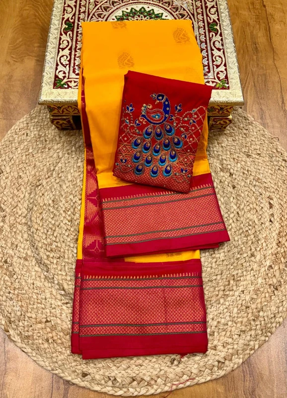 Peach Semi Silk Paithani Saree with Peacock Embroidery Designer Blouse