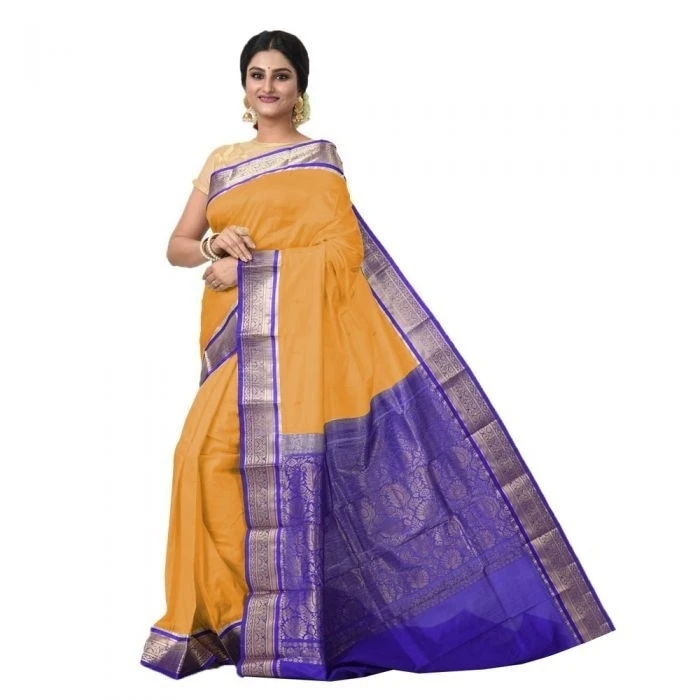 Golden Orange and Violet Contrast Traditional Kanchipuram Pure Silk Saree