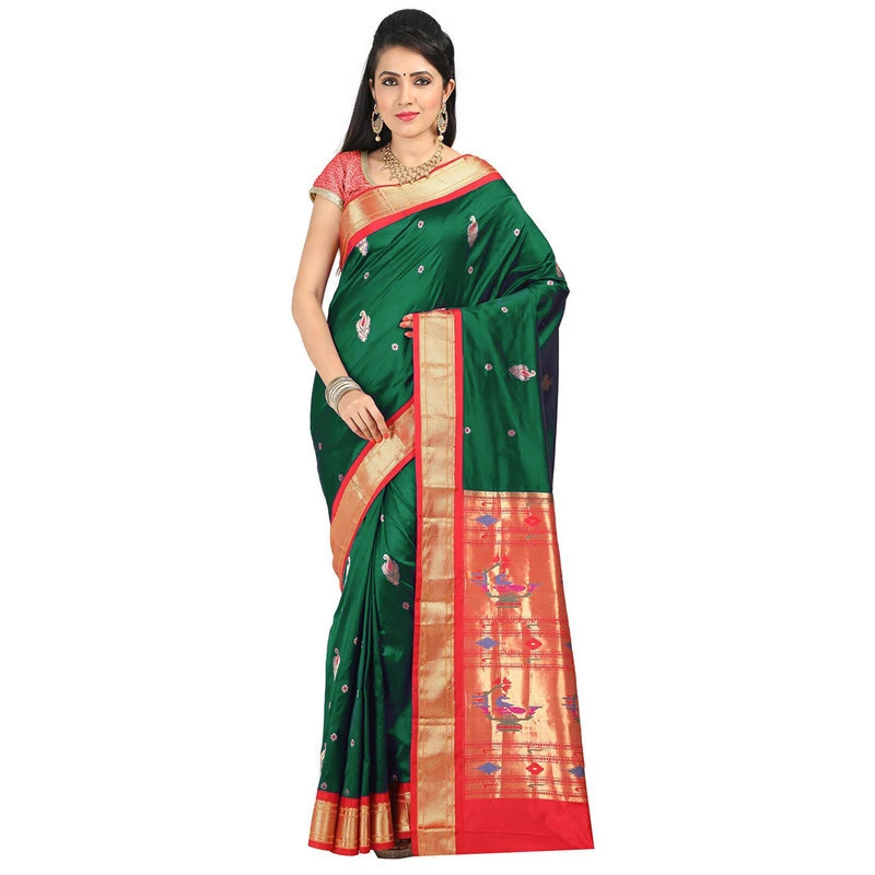 Paithani Pure Silk Green and Red Border Meena Butta Saree with Silk Mark
