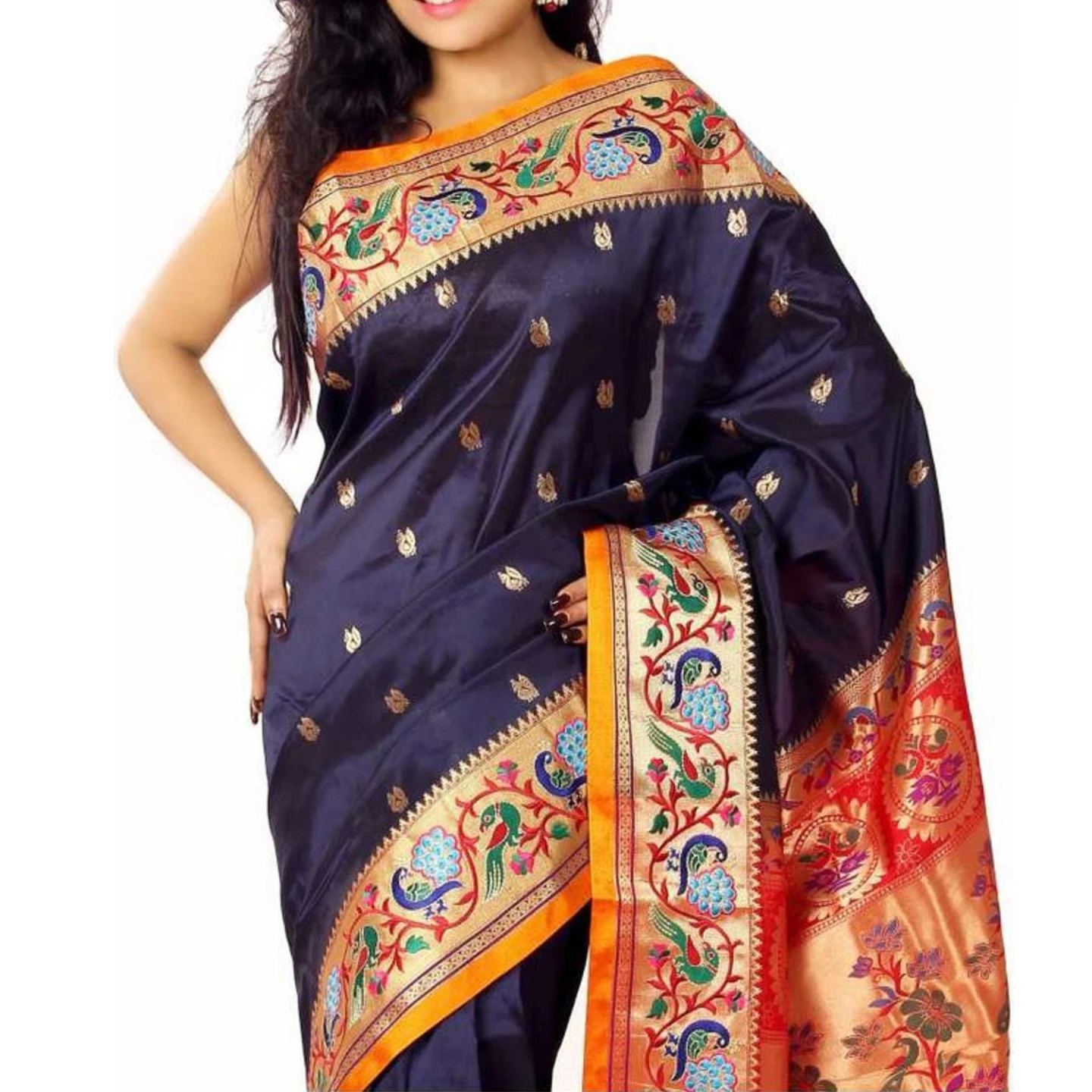 Royal Blue and Orange Embroidery Border Paithani Art Silk Saree