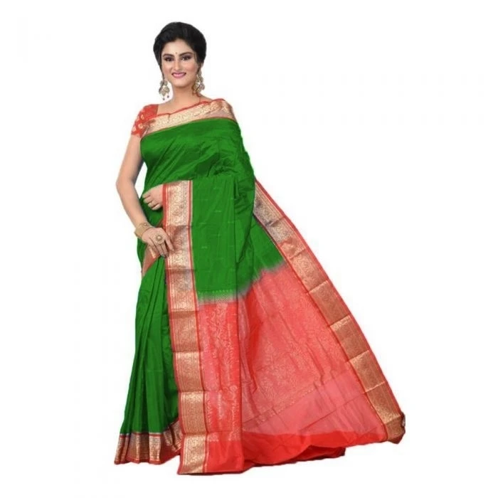 Green and Red Contrast Traditional Kanchipuram Pure Silk Saree