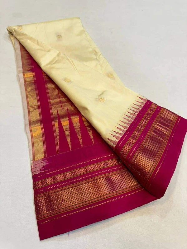 Off White and Rani Border - Traditional Handwoven Ilkaal Butta Saree