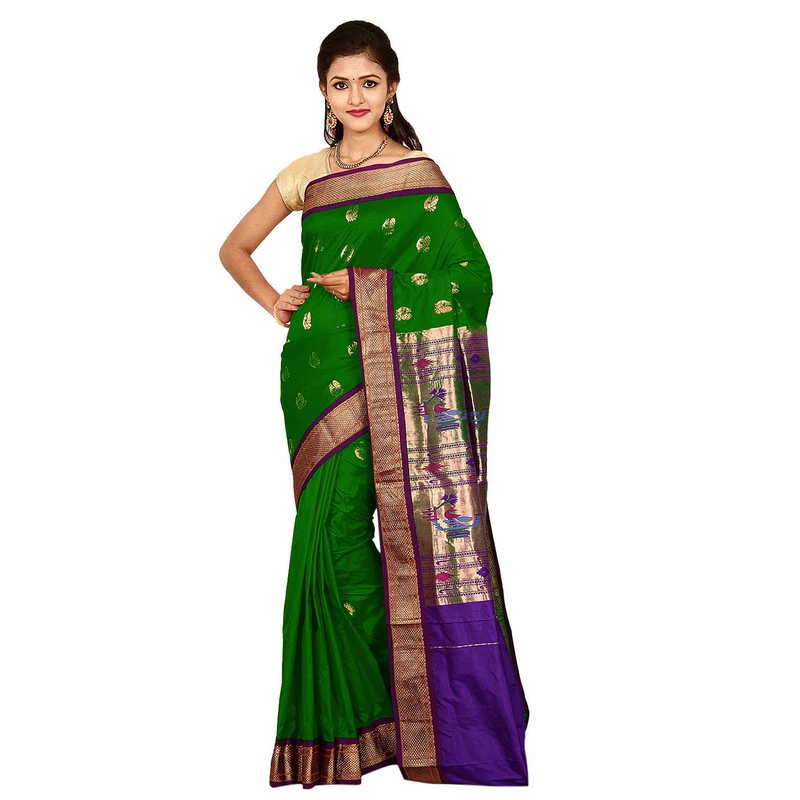 Paithani Pure Silk Bottle Green with Violet Border Meena Butta  Saree with Silk Mark
