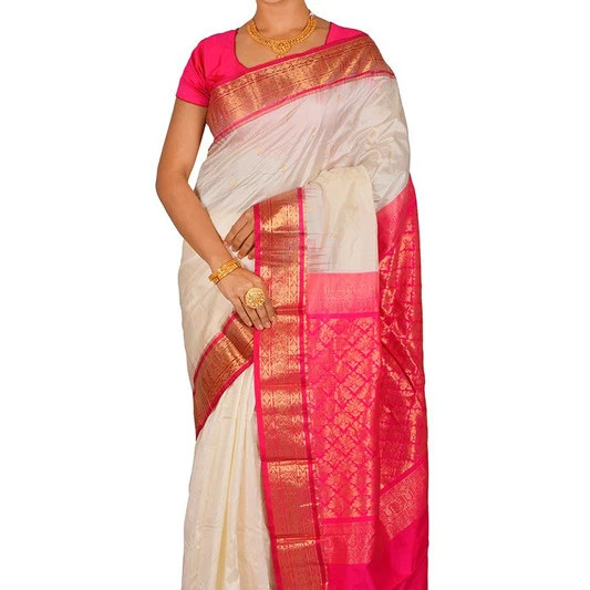 Traditional Kanchipuram Pure Silk Saree in Baby Pink with Green Contrast 