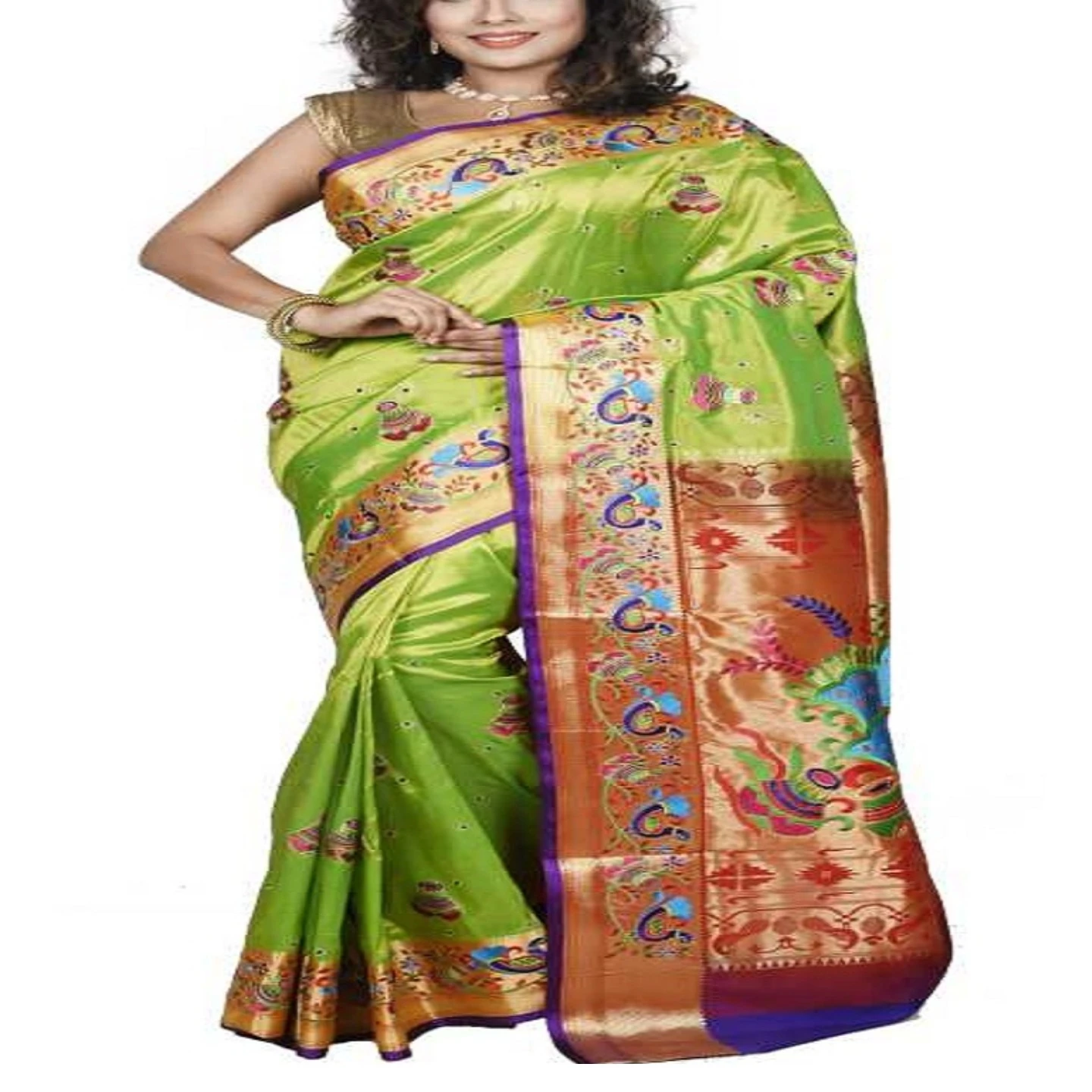 Parrot Green and Voilet Allover Embroidery Fancy Paithani Art Silk Saree