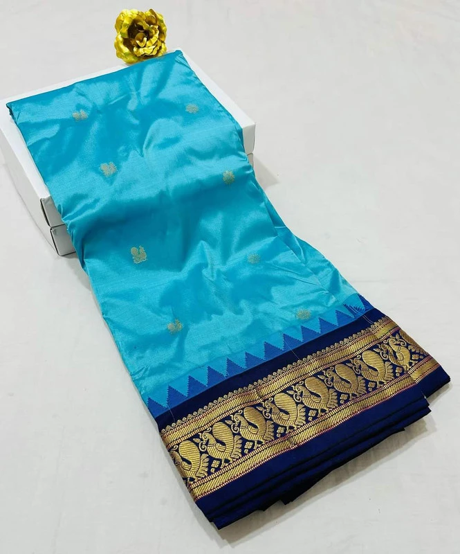 Anandha Blue Gadwal Paithani Silk Pure Silk Saree with Rich Contrast Royal Blue Border