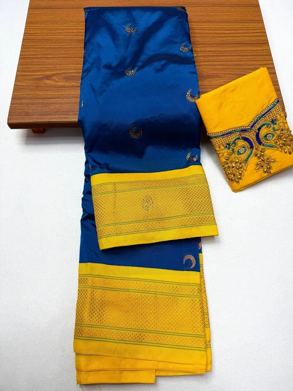 Royal Blue & Yellow Semi Silk Paithani saree with peacock embroidery blouse and traditional border