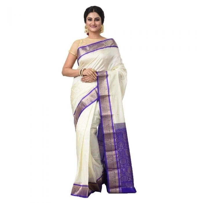 Ananda Blue and Red Contrast Traditional Kanchipuram Pure Silk Saree
