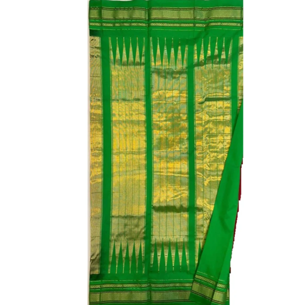 Royal Purple pure Ilkaal Butta saree with Green zari contrast border and traditional gold motifs