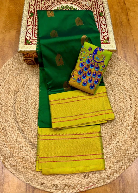 Botther Green and Green Semi Silk Paithani Saree with Peacock Embroidery Designer Blouse