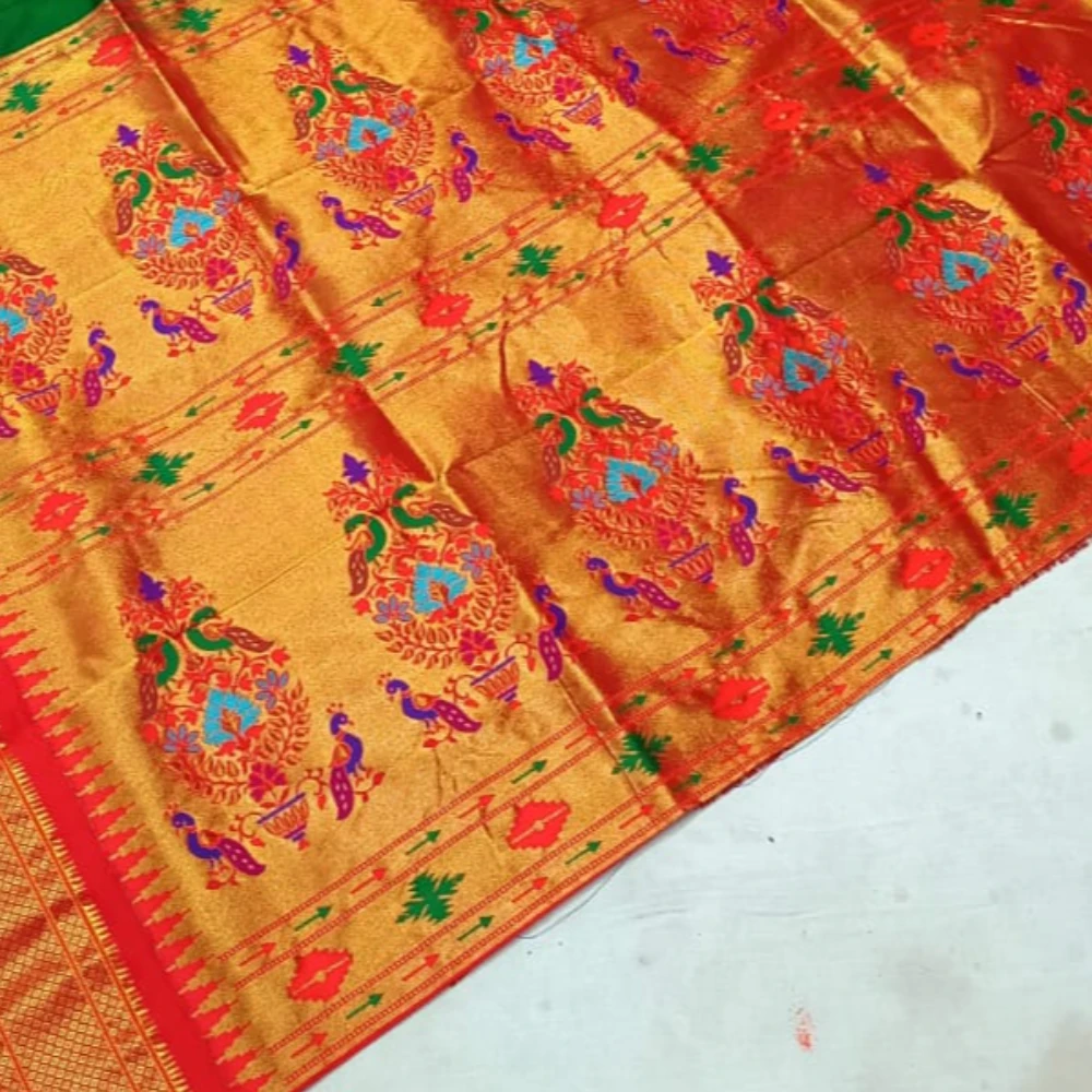 Peacock Blue with Red Border Paithani Pure Silk Saree with Meena Butta weaving and traditional zari border