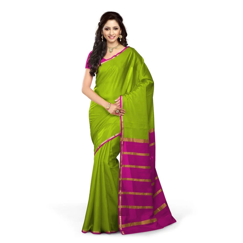 Pure Mysore Silk Saree in  Parrot Green and Pink Contrast Mango Border