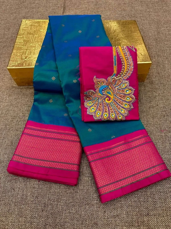 Teal Blue & Pink Semi Silk Paithani Saree with Peacock Embroidery Blouse