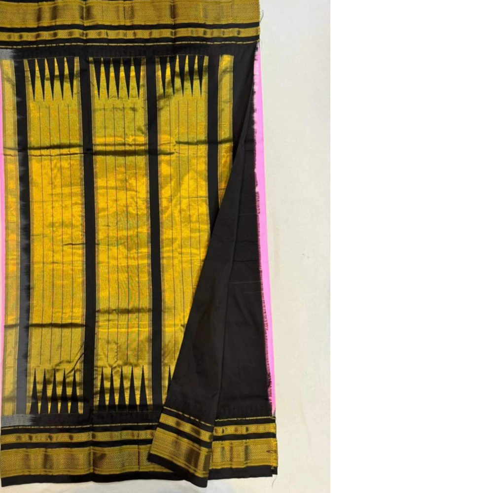 Pure Ilkaal Checks saree in Mustard & Black with zari border and traditional woven patterns