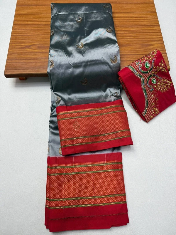 Grey & Red Semi Silk Paithani saree with peacock embroidery blouse and traditional border