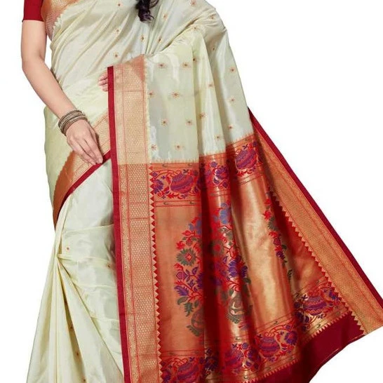 Tussar Cream and Red Paithani Art Silk Saree