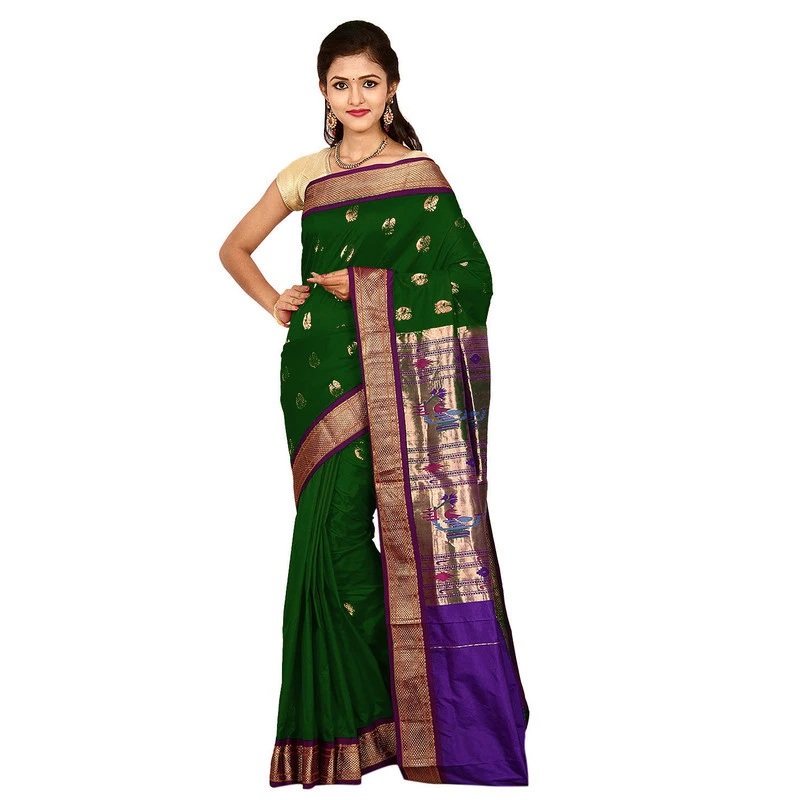 Paithani Pure Silk Bottle Green with Violet Border Meena Butta  Saree with Silk Mark