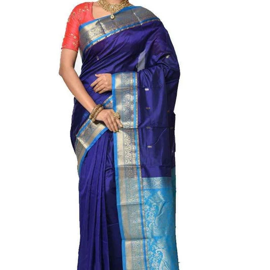 Royal Blue and Red Contrast Traditional Kanchipuram Pure Silk Saree
