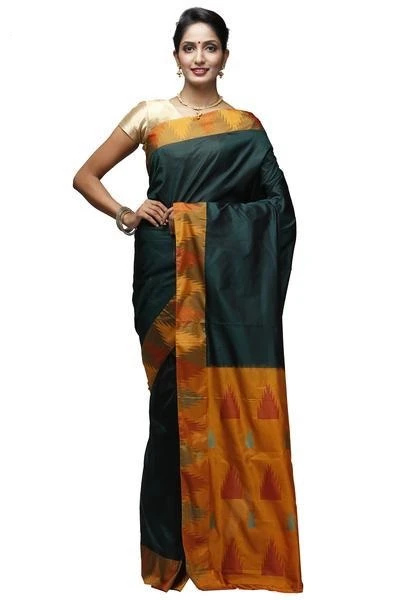 Bottle Green and Brown Temple Border Kadiyal Variety Pure Bangalore Silk Saree