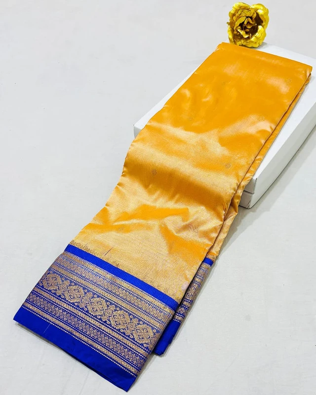 Kanchipuram silk saree yellow green border golden zari traditional bridal sari wedding