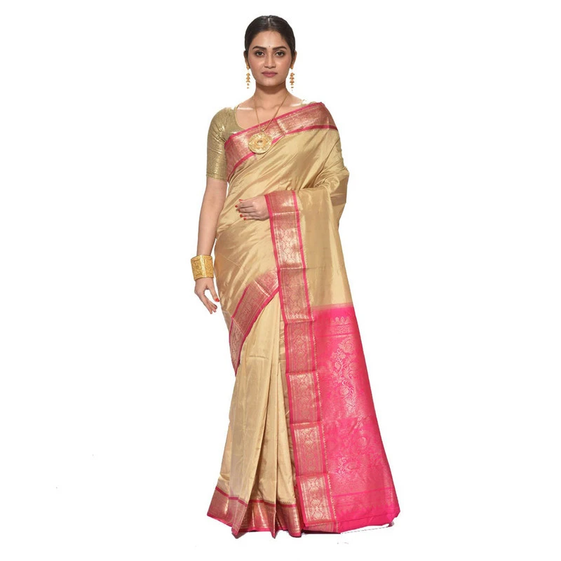 Parrot Green and Rani Pink Contrast Traditional Sarees for Arangetram in Kanjeevaram Silk