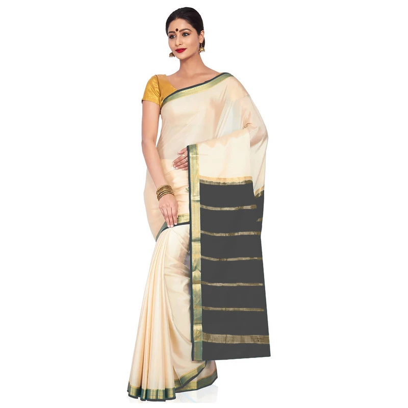 Tussar Cream with Cement Grey  Contrast Onam Special Pure Mysore Silk Handwoven saree
