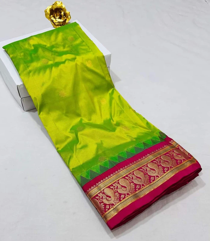 Parrot Green Gadwal Paithani Pure Silk Saree with Rich Contrast Rani  Border