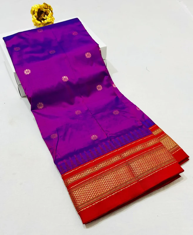 Magenta Ilkaal Butta pure silk saree with zari border and traditional woven patterns
