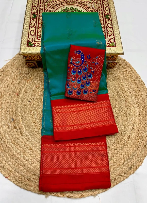 Rama Green wth Rani Border Semi Silk Paithani Saree with Peacock Embroidery Blouse