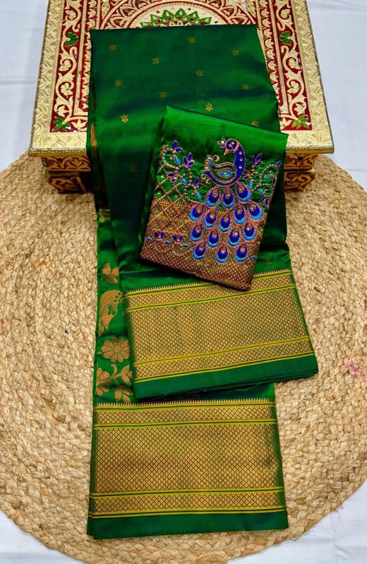 Premium Emerald Green Semi Silk Paithani Saree with Peacock Embroidery Blouse